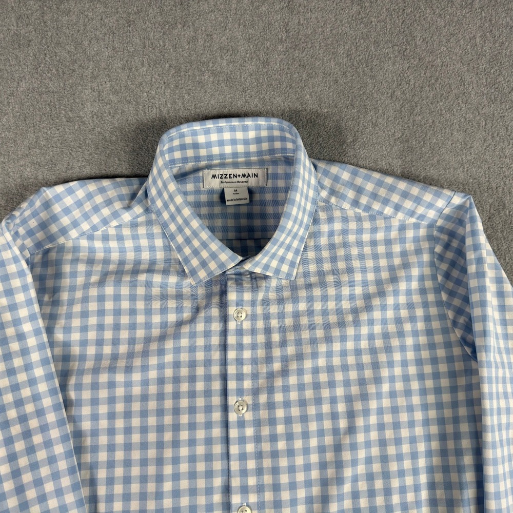 Mizzen‎ Main Shirt Mens M Blue Gingham Performance Trim Fit Long Sleeve
